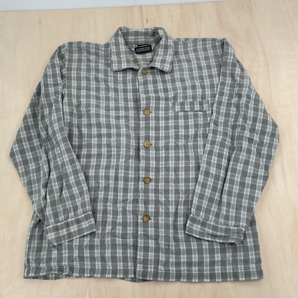 Lands End Flannel Top Mens L Grey Plaid Cotton Long Sleeve Cozy Gorpcore